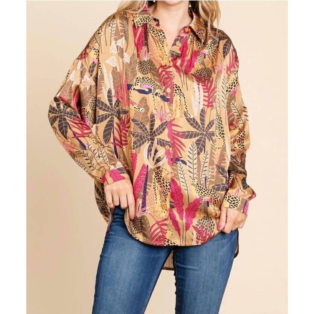 Anthropologie Jodifl Top Blouse Womens Medium Leopard Safari Animal Satin Oversi